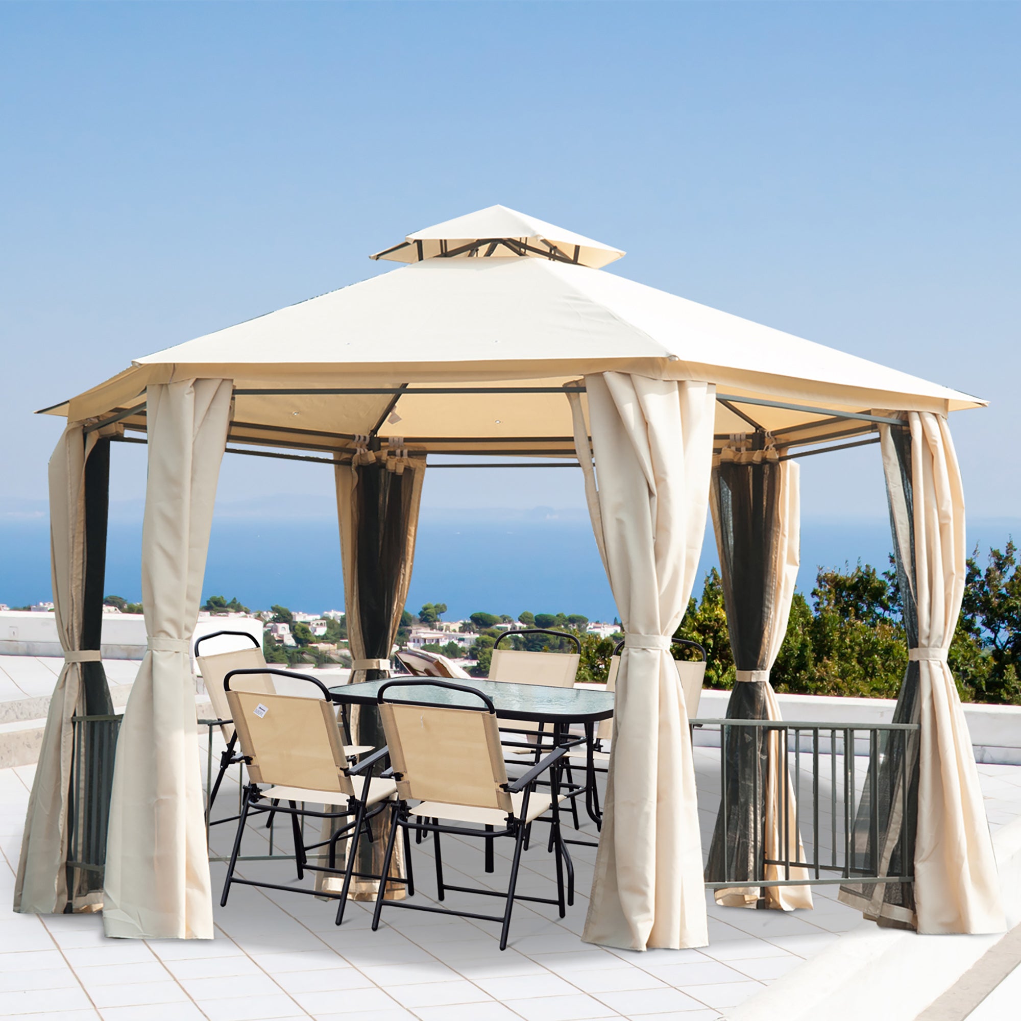 13' x 13' Patio Gazebo, Double Roof Hexagon Outdoor Gazebo Canopy Shelter with Netting & Curtains, Solid Steel Frame for Garden, Lawn, Backyard and Deck, Beige