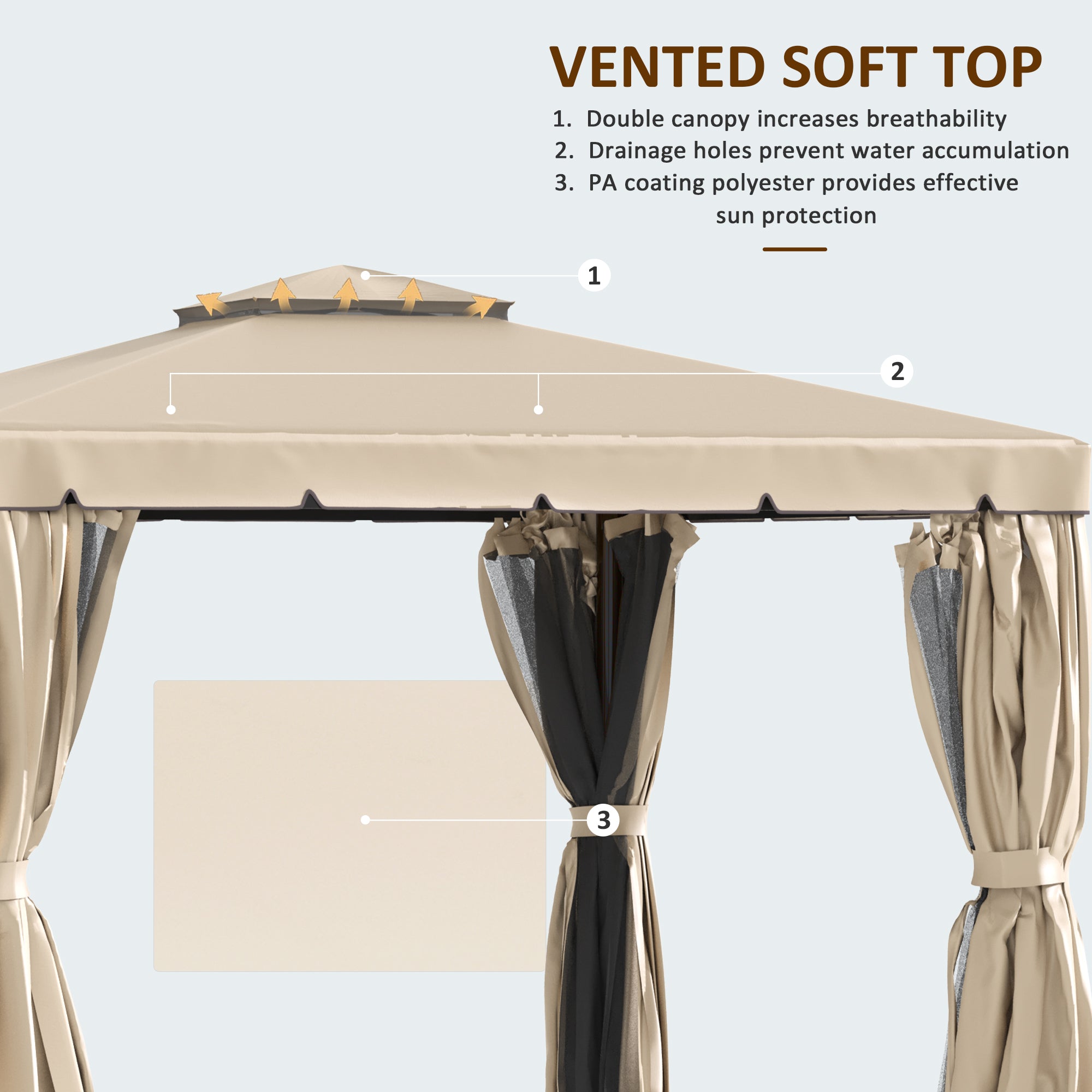  10' x 10' Patio Gazebo, Aluminum Frame Double Roof Outdoor Gazebo Canopy Shelter with Netting & Curtains, for Garden, Lawn, Backyard and Deck, Khaki