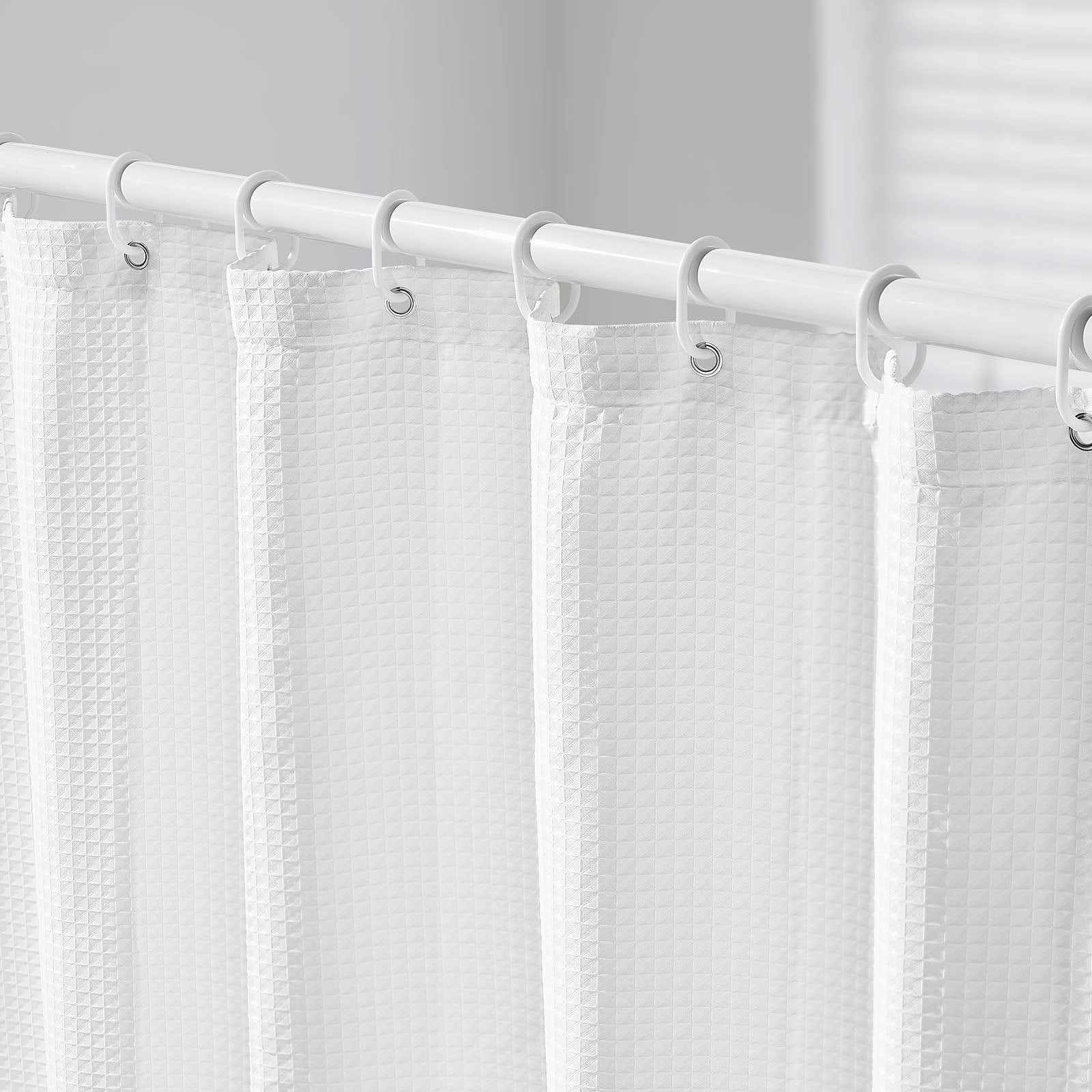 White Fabric Shower Curtain, 240 GSM Weighted Waffle Shower Curtains, Polyester Curtain With Rust-Resistant Hooks, Machine Washable & Water Repellent, For Bathroom Showers, Bath Tubs, 72x72 In
