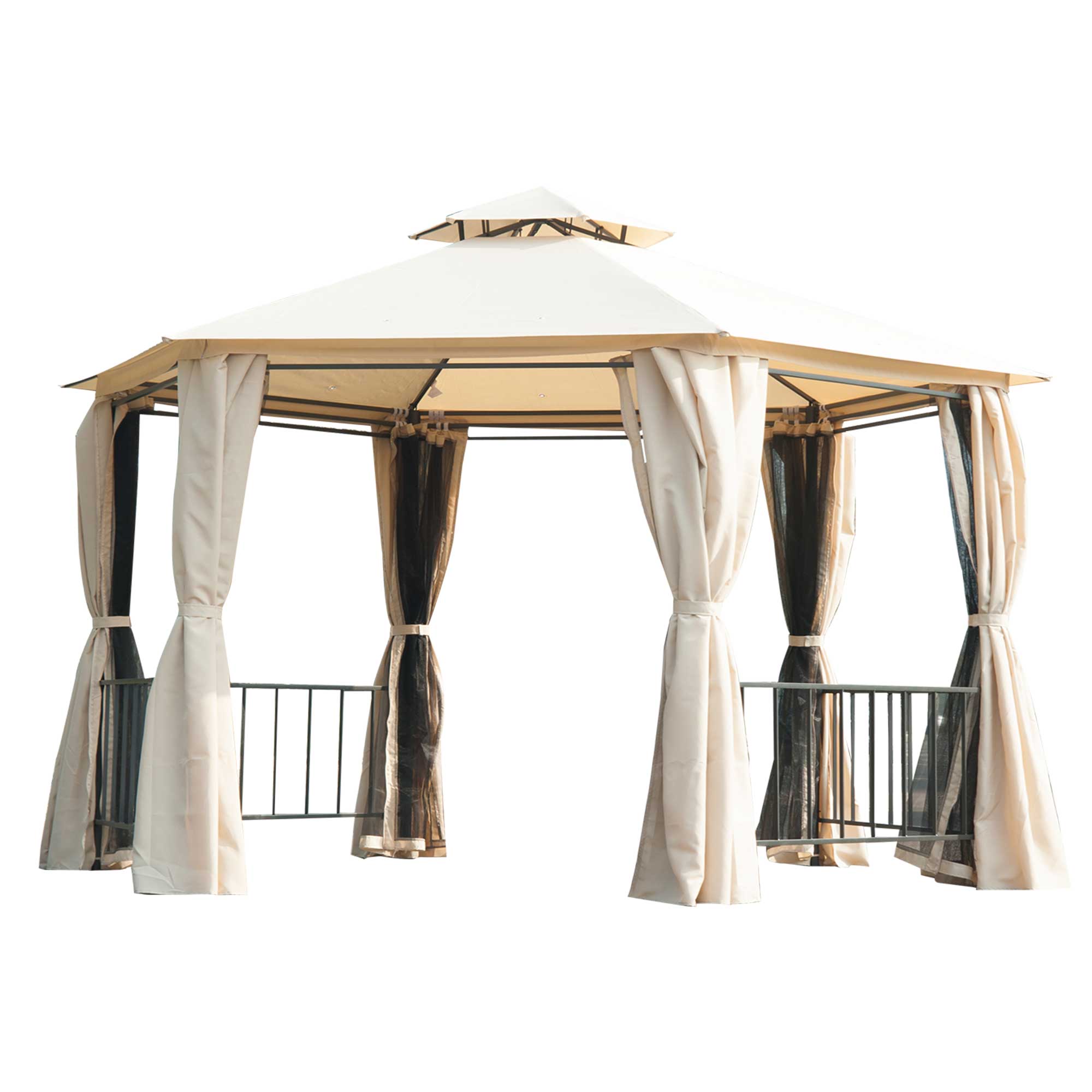 13' x 13' Patio Gazebo, Double Roof Hexagon Outdoor Gazebo Canopy Shelter with Netting & Curtains, Solid Steel Frame for Garden, Lawn, Backyard and Deck, Beige
