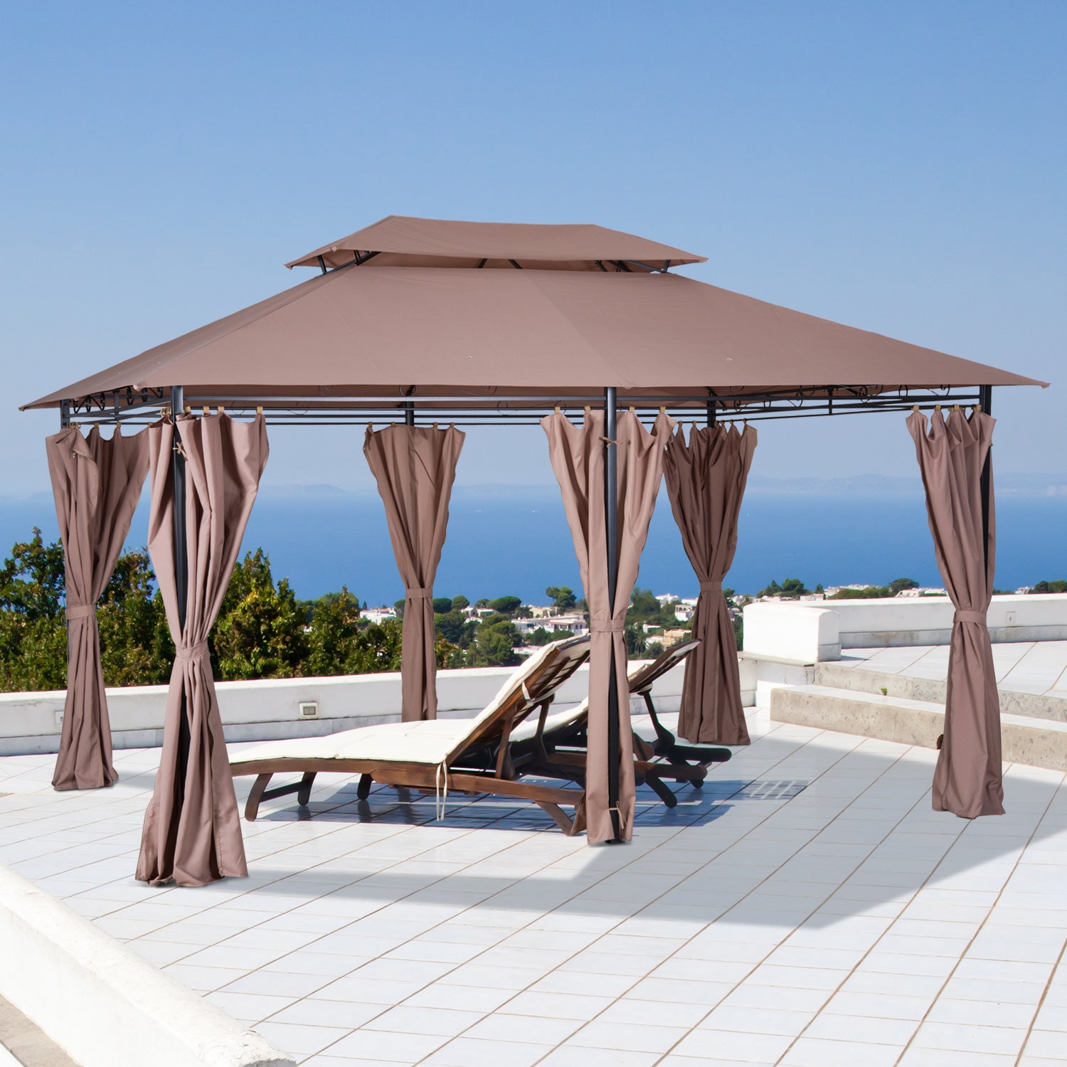  10' x 13' Patio Gazebo, Outdoor Gazebo Canopy Shelter with Curtains, Vented Roof, Steel Frame for Garden, Lawn, Backyard and Deck, Khaki