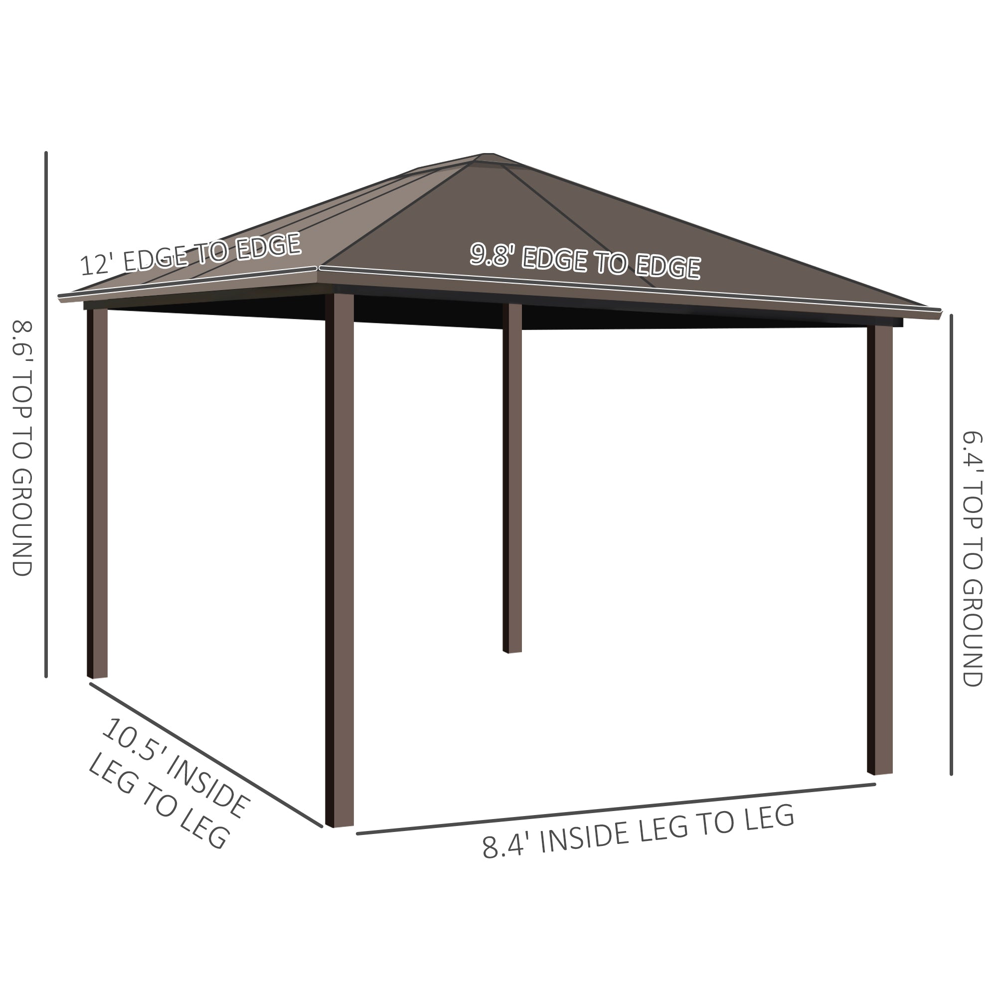 10' x 12' Hardtop Gazebo with Curtains and Netting, Permanent Pavilion Metal Single Roof Gazebo Canopy with Aluminum Frame and Hooks, for Garden, Patio, Backyard, Coffee Brown