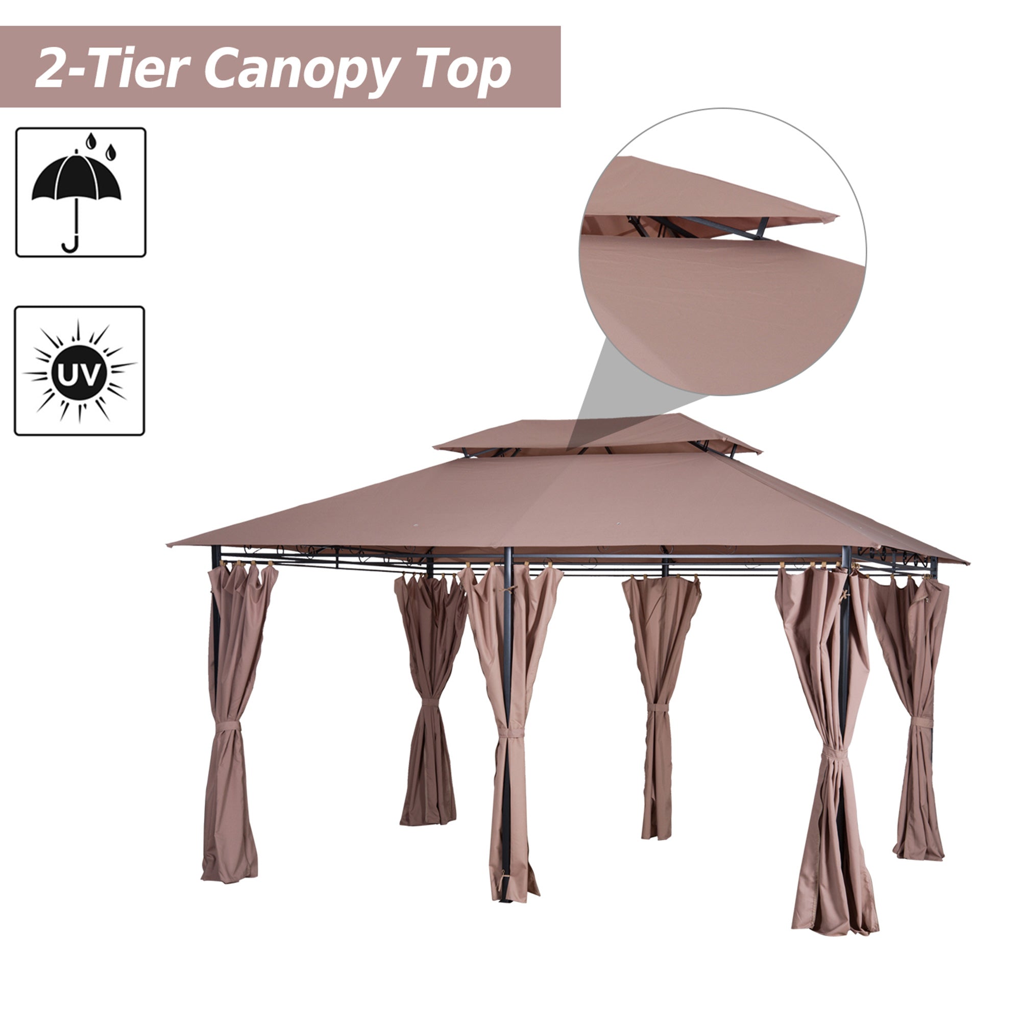  10' x 13' Patio Gazebo, Outdoor Gazebo Canopy Shelter with Curtains, Vented Roof, Steel Frame for Garden, Lawn, Backyard and Deck, Khaki