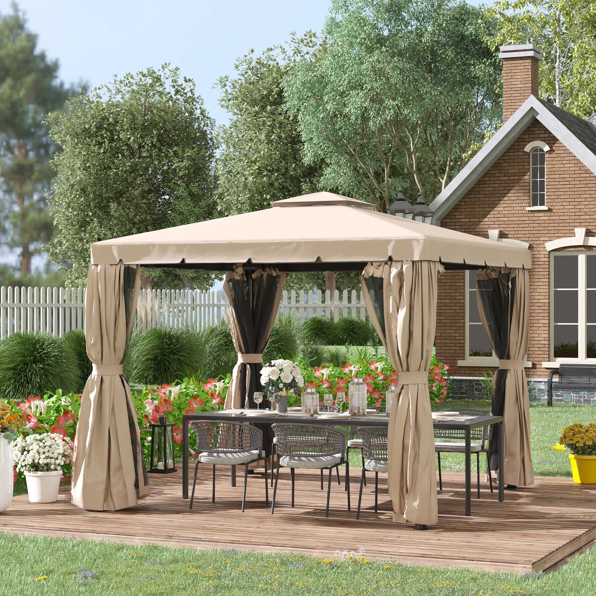  10' x 10' Patio Gazebo, Aluminum Frame Double Roof Outdoor Gazebo Canopy Shelter with Netting & Curtains, for Garden, Lawn, Backyard and Deck, Khaki
