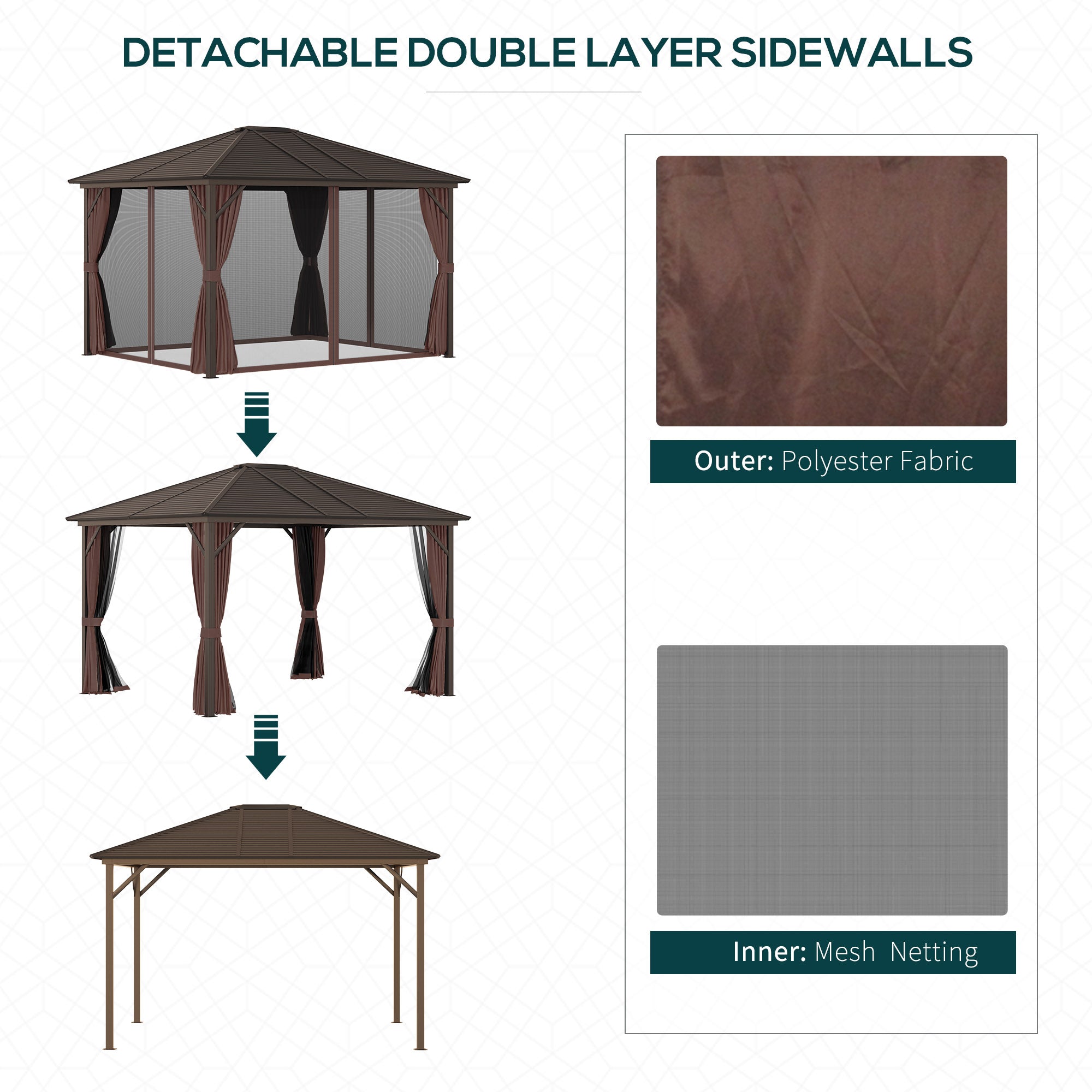 10' x 12' Hardtop Gazebo with Curtains and Netting, Permanent Pavilion Metal Single Roof Gazebo Canopy with Aluminum Frame and Hooks, for Garden, Patio, Backyard, Coffee Brown