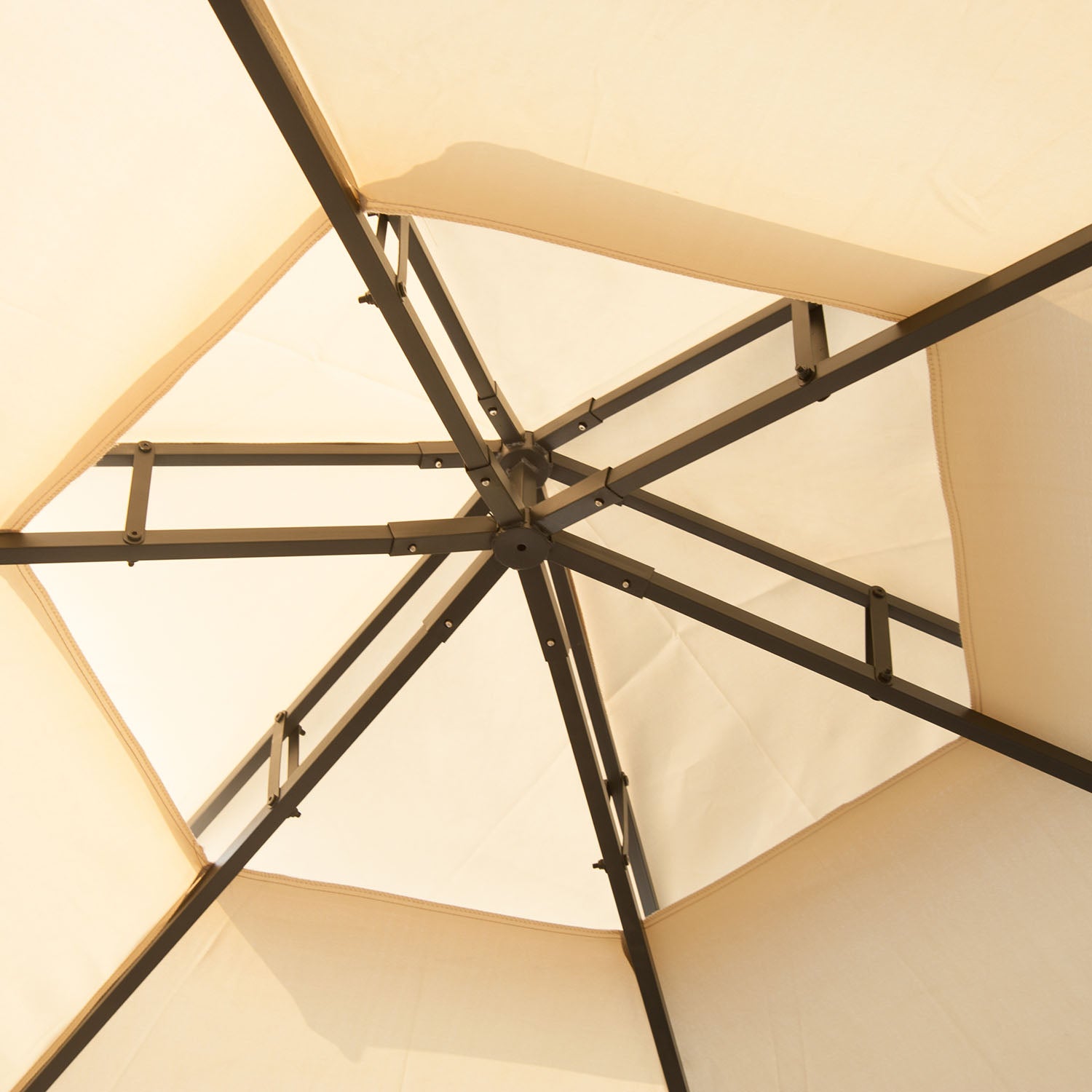13' x 13' Patio Gazebo, Double Roof Hexagon Outdoor Gazebo Canopy Shelter with Netting & Curtains, Solid Steel Frame for Garden, Lawn, Backyard and Deck, Beige