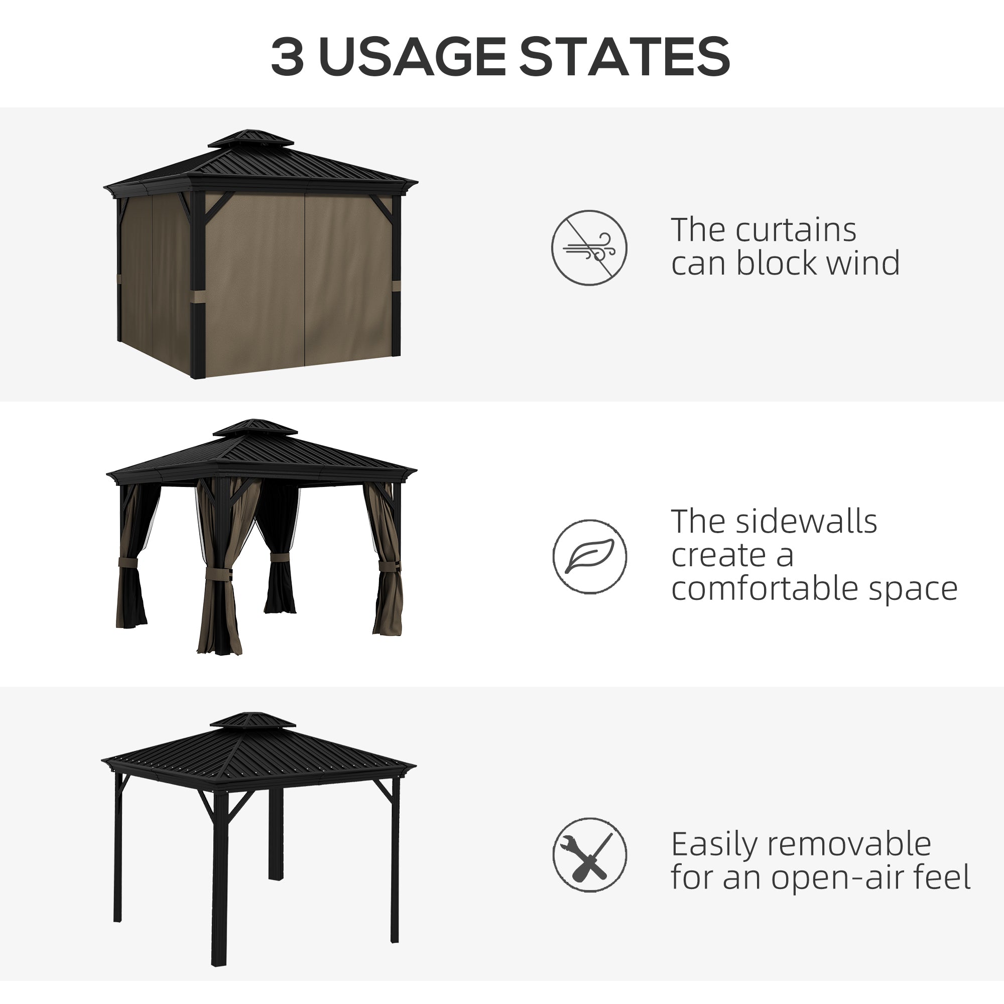 10' x 10' Hardtop Gazebo, Pavilion Gazebo with Curtains, Nettings, Aluminum Frame, Hooks, for Garden, Patio, Dark Brown