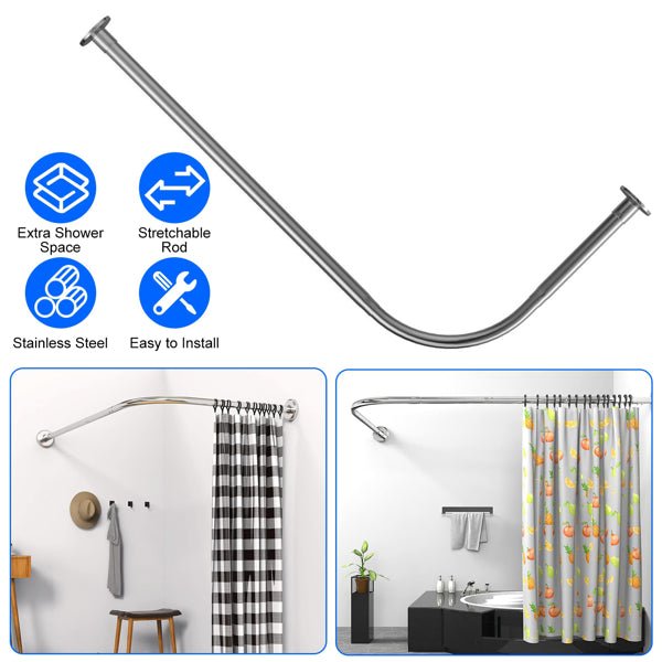 Curved Shower Rod L - Shaped Stainless Steel, Adjustable Stretchable Shower Curtain Rod For Bathroom, Rust - Resistant Expandable Rod With Extra Shower Space, Easy Installation