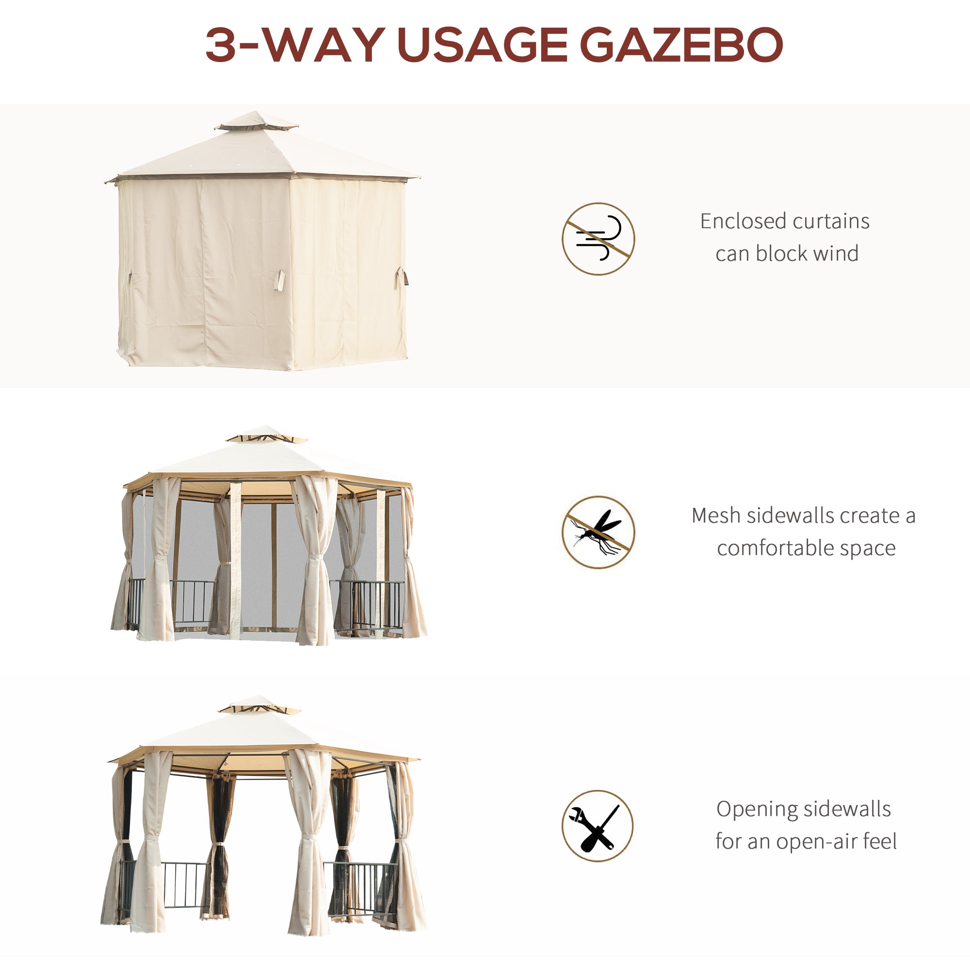 13' x 13' Patio Gazebo, Double Roof Hexagon Outdoor Gazebo Canopy Shelter with Netting & Curtains, Solid Steel Frame for Garden, Lawn, Backyard and Deck, Beige