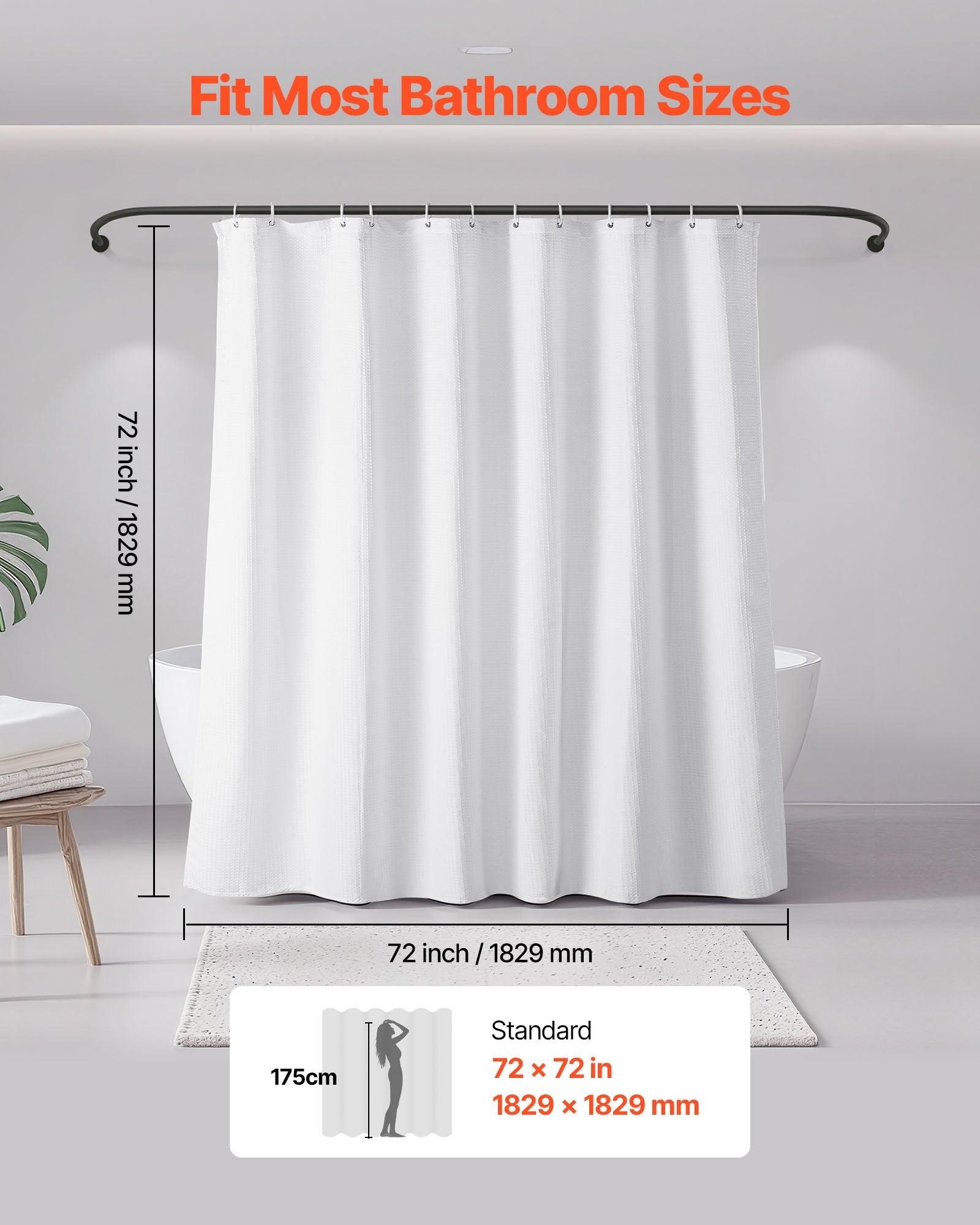 White Fabric Shower Curtain, 240 GSM Weighted Waffle Shower Curtains, Polyester Curtain With Rust-Resistant Hooks, Machine Washable & Water Repellent, For Bathroom Showers, Bath Tubs, 72x72 In