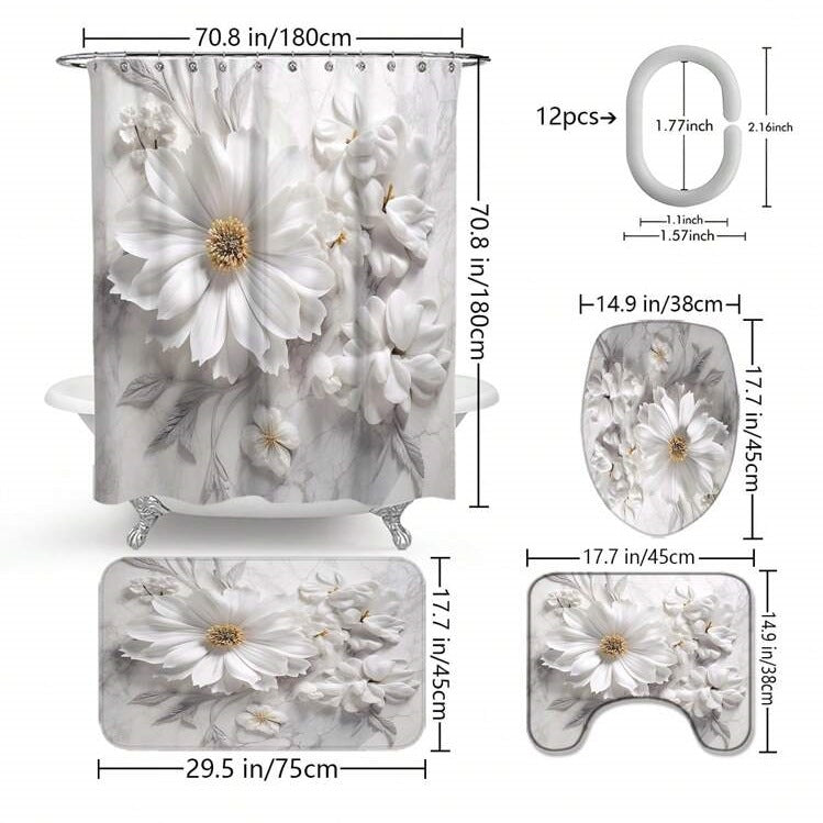Simple Floral Pattern Waterproof Shower Curtain Suit