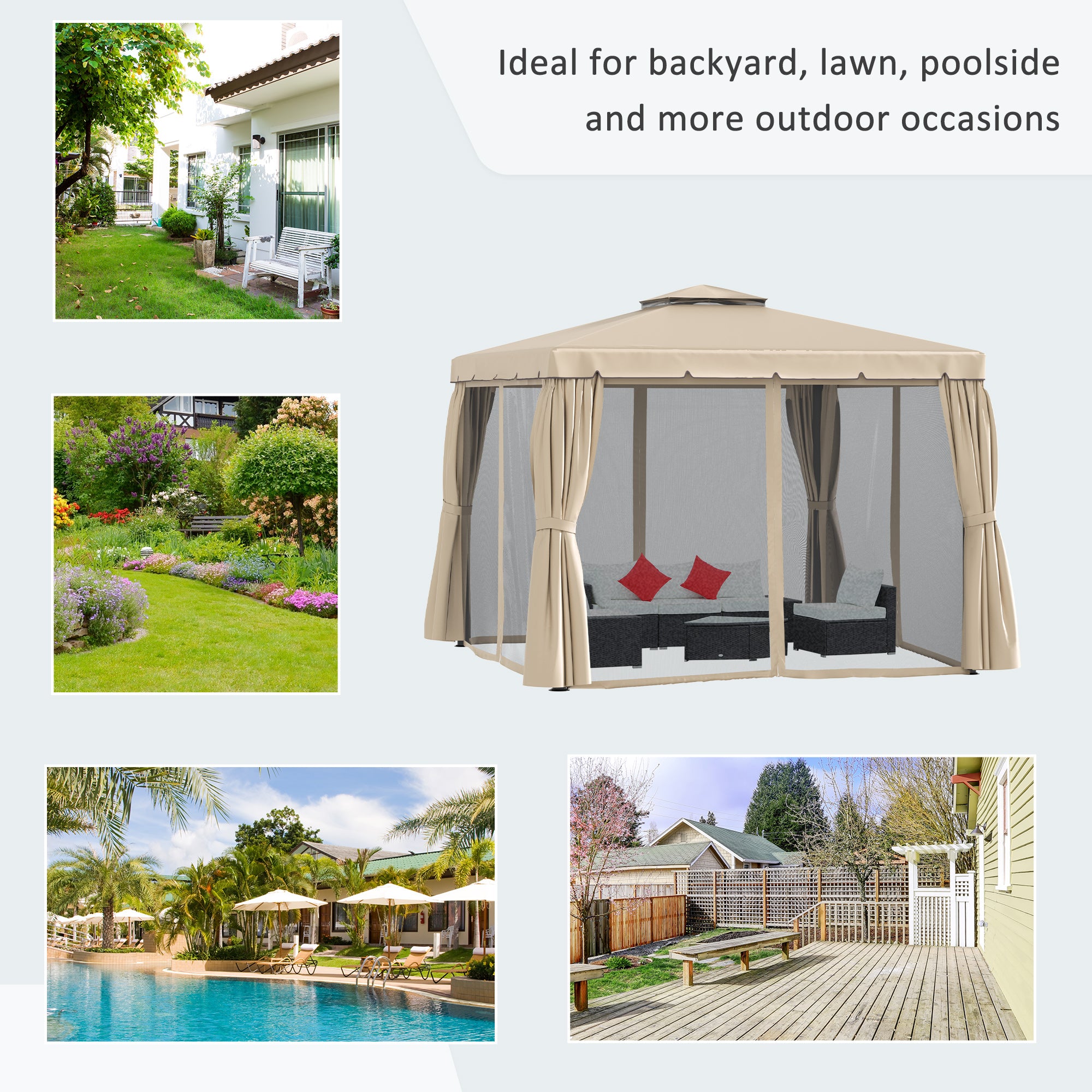  10' x 10' Patio Gazebo, Aluminum Frame Double Roof Outdoor Gazebo Canopy Shelter with Netting & Curtains, for Garden, Lawn, Backyard and Deck, Khaki