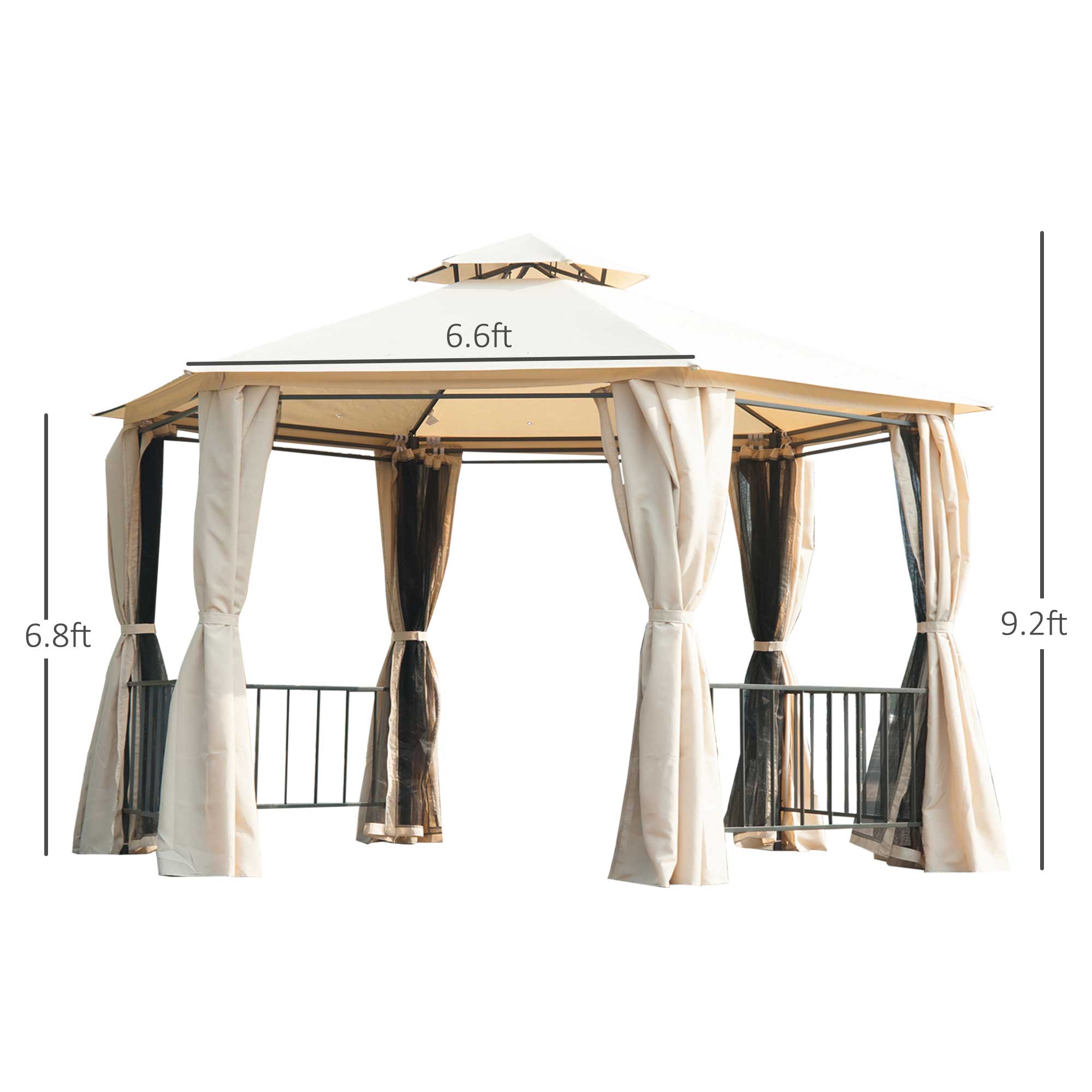 13' x 13' Patio Gazebo, Double Roof Hexagon Outdoor Gazebo Canopy Shelter with Netting & Curtains, Solid Steel Frame for Garden, Lawn, Backyard and Deck, Beige
