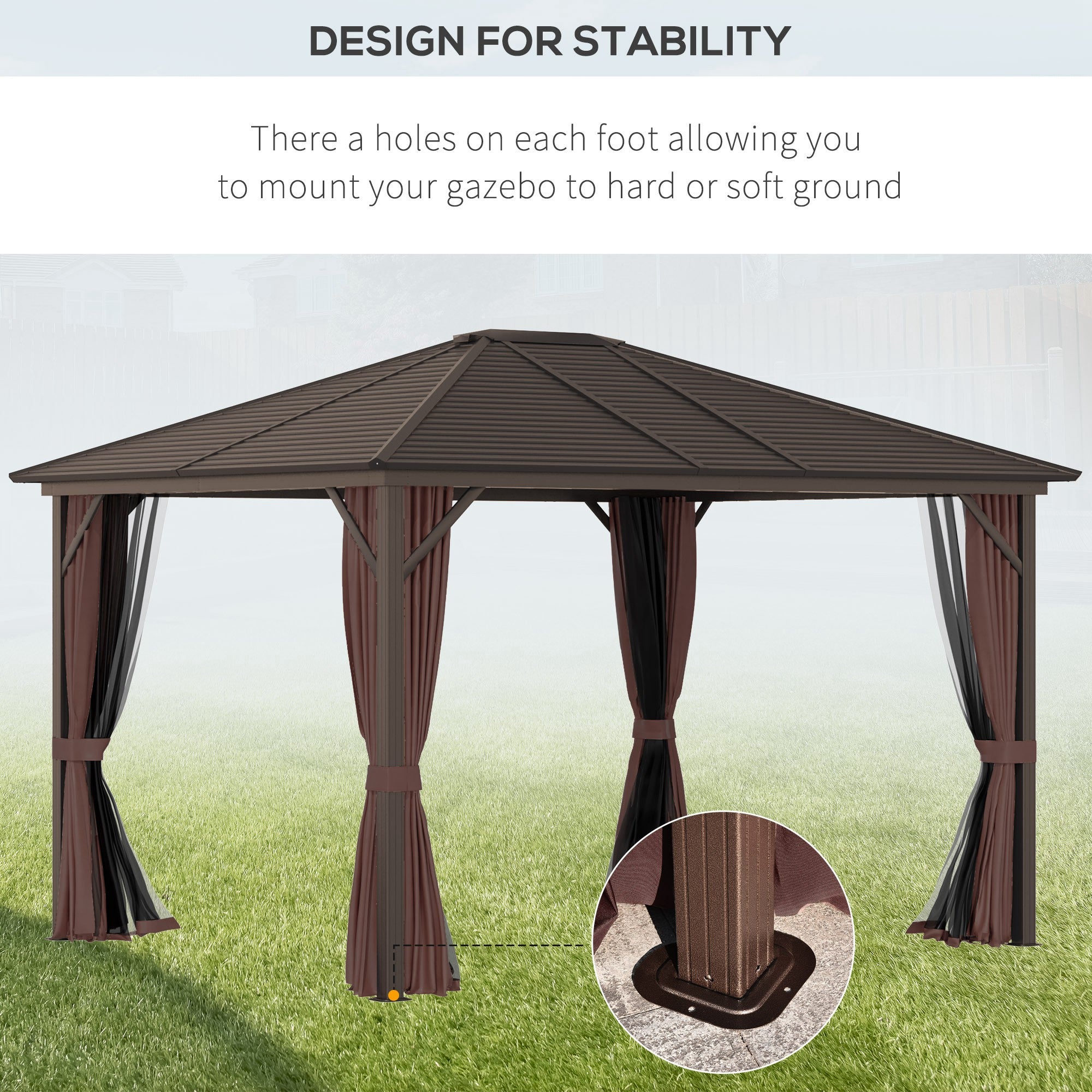 10' x 12' Hardtop Gazebo with Curtains and Netting, Permanent Pavilion Metal Single Roof Gazebo Canopy with Aluminum Frame and Hooks, for Garden, Patio, Backyard, Coffee Brown