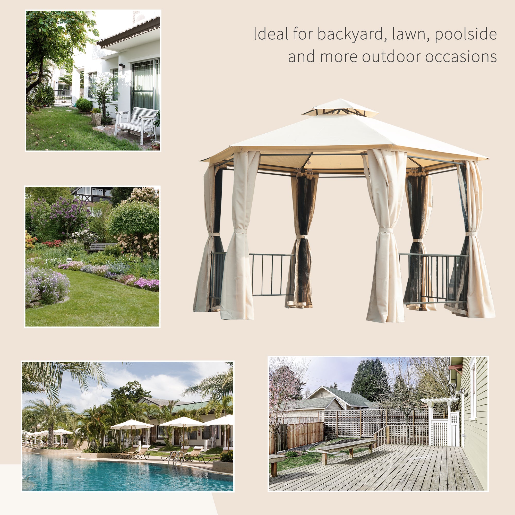 13' x 13' Patio Gazebo, Double Roof Hexagon Outdoor Gazebo Canopy Shelter with Netting & Curtains, Solid Steel Frame for Garden, Lawn, Backyard and Deck, Beige