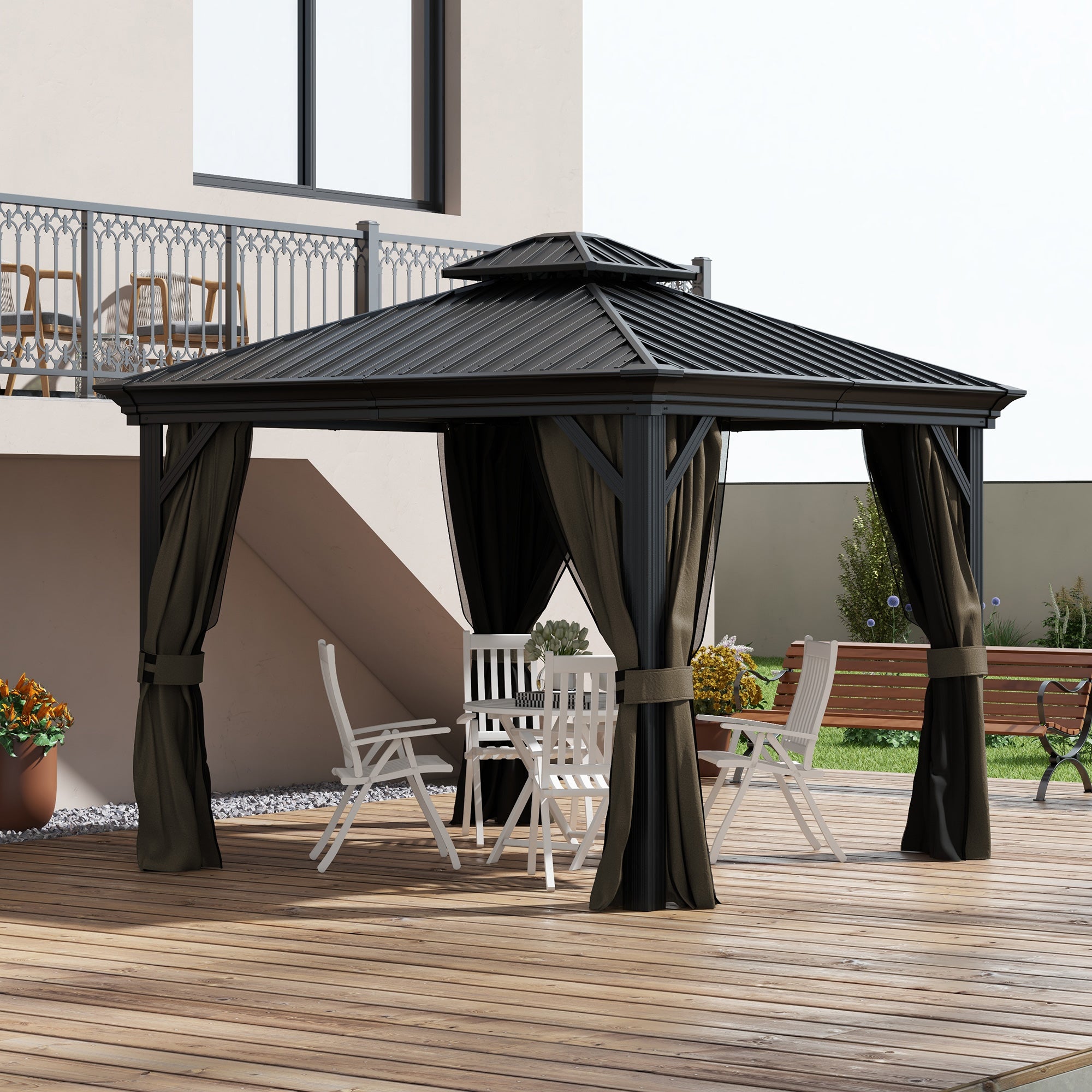 10' x 10' Hardtop Gazebo, Pavilion Gazebo with Curtains, Nettings, Aluminum Frame, Hooks, for Garden, Patio, Dark Brown