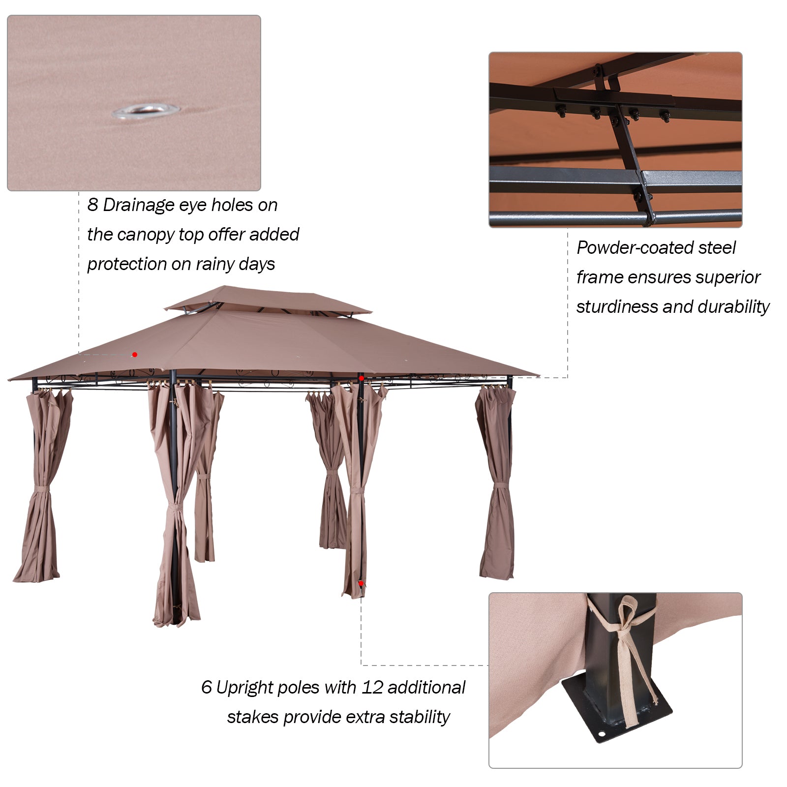  10' x 13' Patio Gazebo, Outdoor Gazebo Canopy Shelter with Curtains, Vented Roof, Steel Frame for Garden, Lawn, Backyard and Deck, Khaki