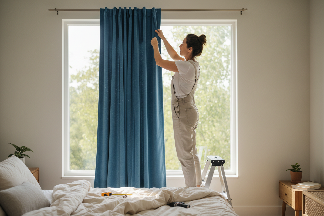 Generate picture of a woman who's preparing blue curtain to fix in the bedroom.