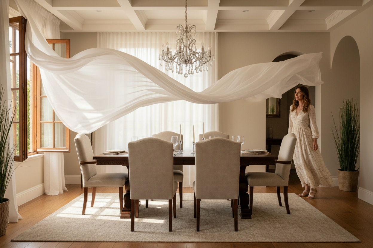 Generate video of a flying curtain in the dinning room with a woman is get in.