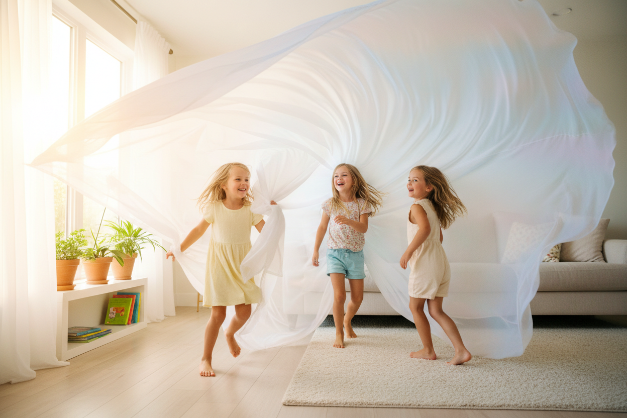 Girl kids playing with flying curtain